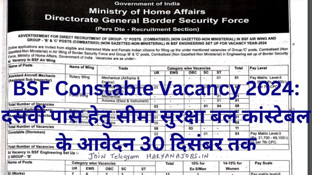 BSF Constable Vacancy 2024: दसवीं पास हेतु सीमा सुरक्षा बल कांस्टेबल के आवेदन 30 दिसंबर तक